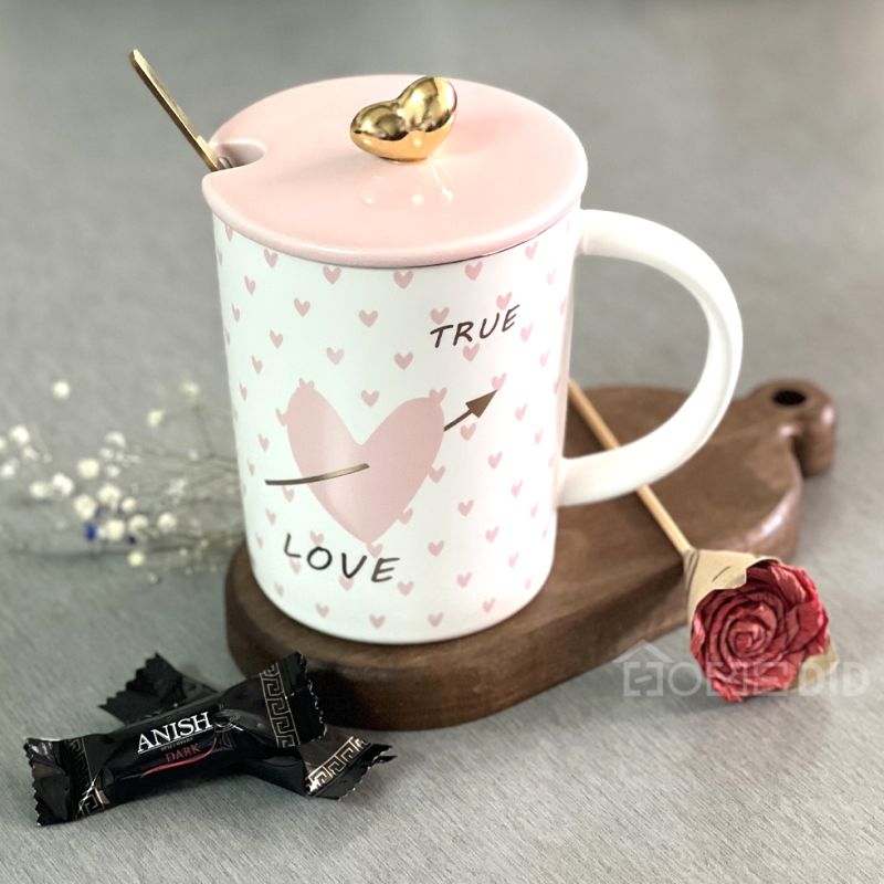 imported ceramic mug with heart design and true love writing